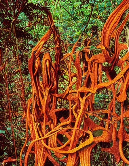 Image similar to vintage color photo of a 1 1 0 million years old abstract liquid gold sculpture covered by the jungle vines