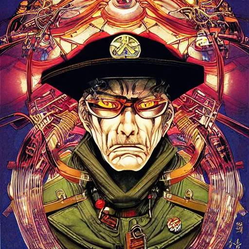 Image similar to portrait of crazy grumpy captain, symmetrical, by yoichi hatakenaka, masamune shirow, josan gonzales and dan mumford, ayami kojima, takato yamamoto, barclay shaw, karol bak, yukito kishiro