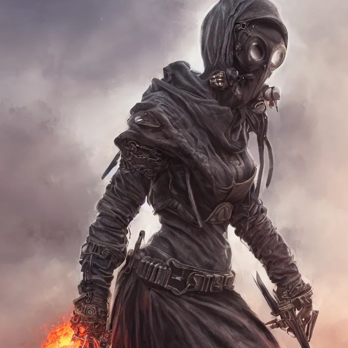 Image similar to beautiful apocalyptic woman in hooded cloak, standing on mad max panzer tank, hyper-detailed, smooth, sharp focus, 4k ultra hd, fantasy dark art, tank girl, artgerm, artstation, octane render, elegant, detailed digital painting, apocalyptic art