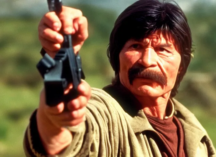 Image similar to film still of Charles Bronson pointing a pistol in the new City Slickers movie, 4k