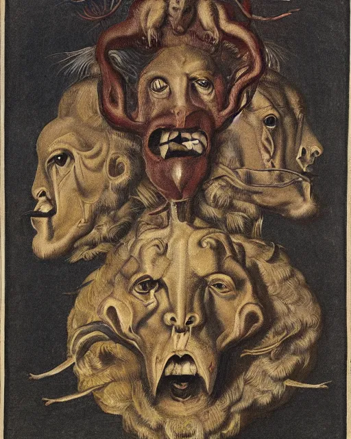 Image similar to a creature with four heads. one human head, second eagle head, third lion head, fourth ox head. drawn by francis bacon