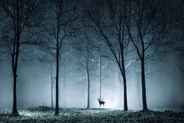 Image similar to a creepy dark forest illuminated by a glowing stag, night