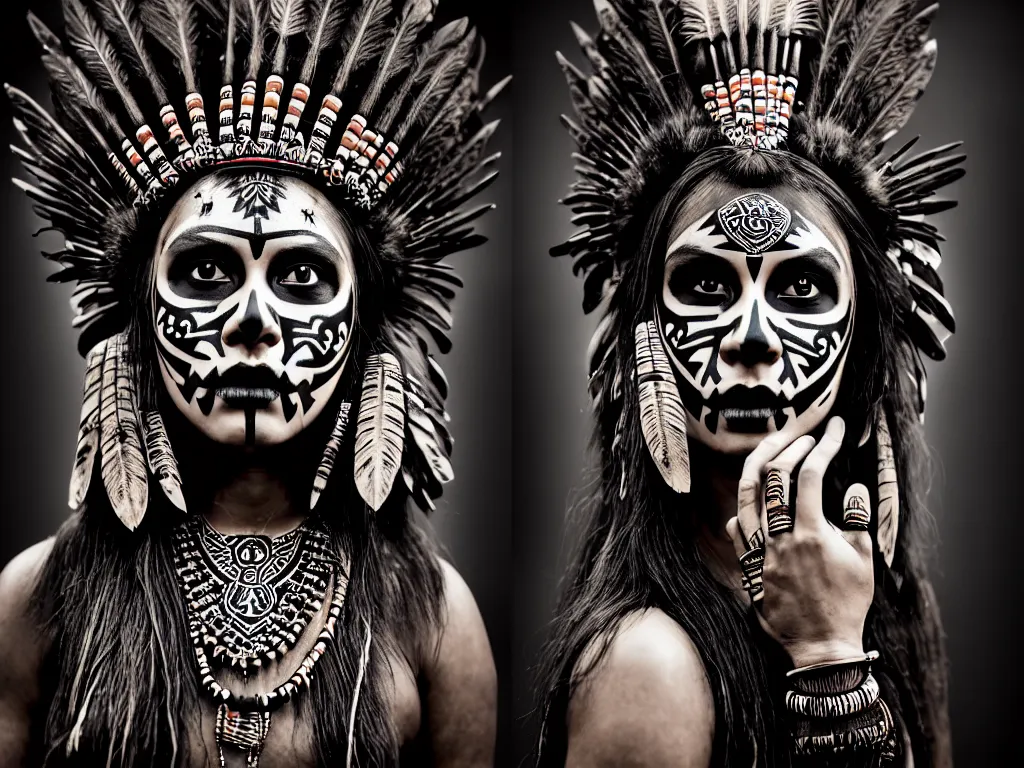 Prompt: photorealistic head and shoulders photo of beautiful female ornate fantasy indian tribal aztec warrior goddess, confident, minimal black skull warpaint, tattoos, Neil Blevins, James Paick, Natasha Tan, Maciej Kuciara, Frank frazetta, arney freytag, Ritu Kumar, Sabyasachi Mukherjee, Annie Leibowitz, bokeh, 4k, fashion pose, cinematic, National Geographic photo shoot, dramatic, 28mm