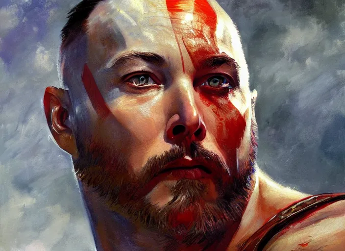 Prompt: a highly detailed beautiful portrait of elon musk as kratos, by gregory manchess, james gurney, james jean