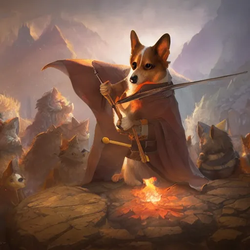 Prompt: corgi mage, d & d character art, hyperrealistic, detailed digital illustration, greg rutkowski, trending on artstation