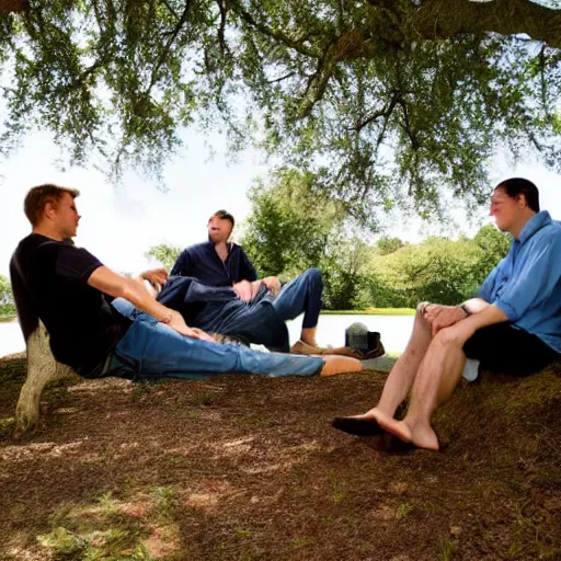 Image similar to 4 men relaxing by an oak tree