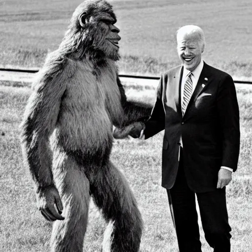 Prompt: us archive footage of big foot making trade deals with joe biden, photograph, award winning photo, 3 5 mm lense