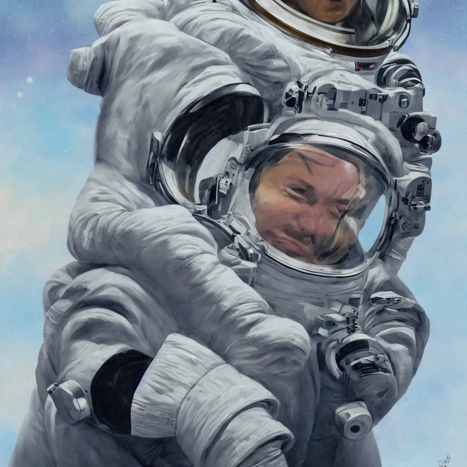 Prompt: a portrait of a single astronaut with headphone, beautiful, cinematic, illustrated by alex ross