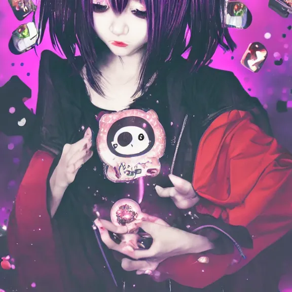 Image similar to photo of a emo manic pixie dream girl, 8k, portrait | sanrio glitchcore yokai girl, shadowverse character concept, found footage horror, glitter gif