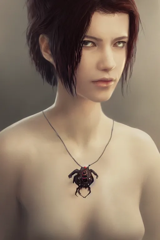 Image similar to A portrait of a women wearing a spider pendent by Greg Rutkowski, Sung Choi, Mitchell Mohrhauser, Maciej Kuciara, Johnson Ting, Maxim Verehin, Peter Konig, Resident evil , 8k photorealistic, cinematic lighting, HD, high details, dramatic, atmospheric , trending on artstation