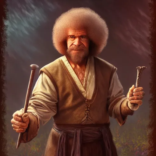 Image similar to a portrait of a Bob Ross as a Arch Mage ,Grim fantasy, D&D, HDR, natural light, shoulder level shot, dynamic pose, award winning photograph, Mucha style 4k,