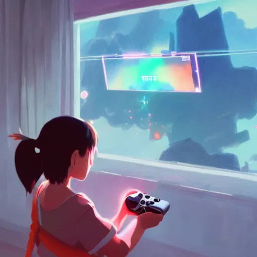 Prompt: girl playing a nintendo switch at home, drops around, particles, shiny, Studio Ghibli, animated, illustrated, vibrant, by Greg Rutkowski, artstation, oil painting, detailed, 4k, colorful