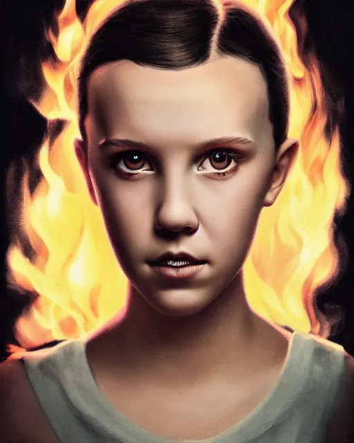 Image similar to Poster Portrait of Millie Bobby Brown with fire eyes, dramatic lighting