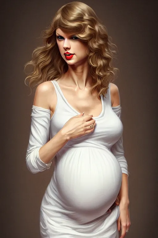 Image similar to pregnant taylor swift in a white dress, realistic portrait, symmetrical, highly detailed, digital painting, artstation, concept art, smooth, sharp focus, illustration, cinematic lighting, art by artgerm and greg rutkowski and alphonse mucha