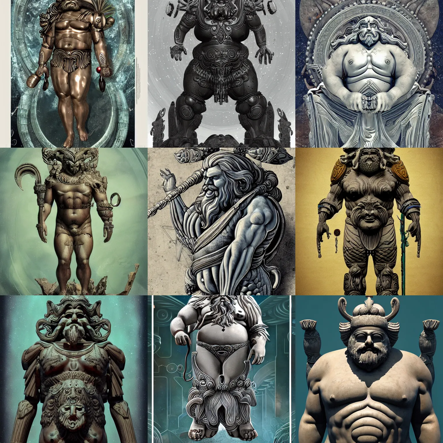 Prompt: fat greek god poseidon with white beard in ancient alien flora and fauna planet sci-fi armor with ancient art-deco decor, giger style, stylized, highly detailed, trending on artstation, award winning