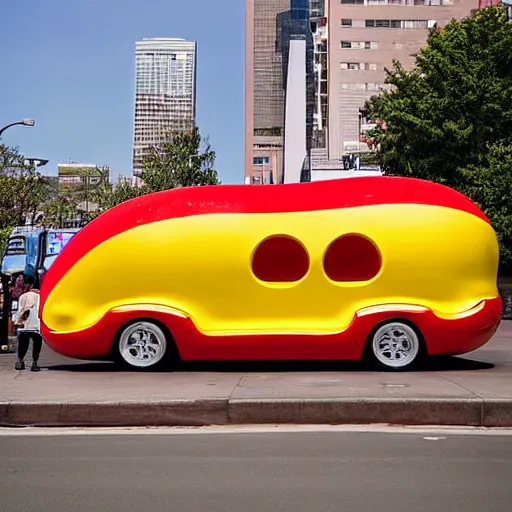 Image similar to very weird, very wrong concept of the Oscar Mayer Wienermobile on the street, photograph