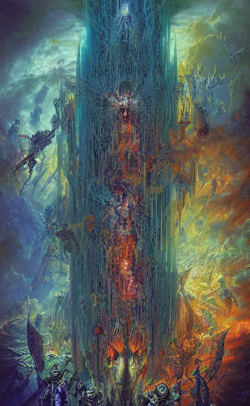 Image similar to epic omnious academic drawing of three levels of wh40k chaotic deities/gods/demiurges organized into a vertical hierarchy in vivid iridescent warp heaven by James Gurney, Zdislaw Beksinski, Alex Gray, Greg Rutkowski, Robert McCall
