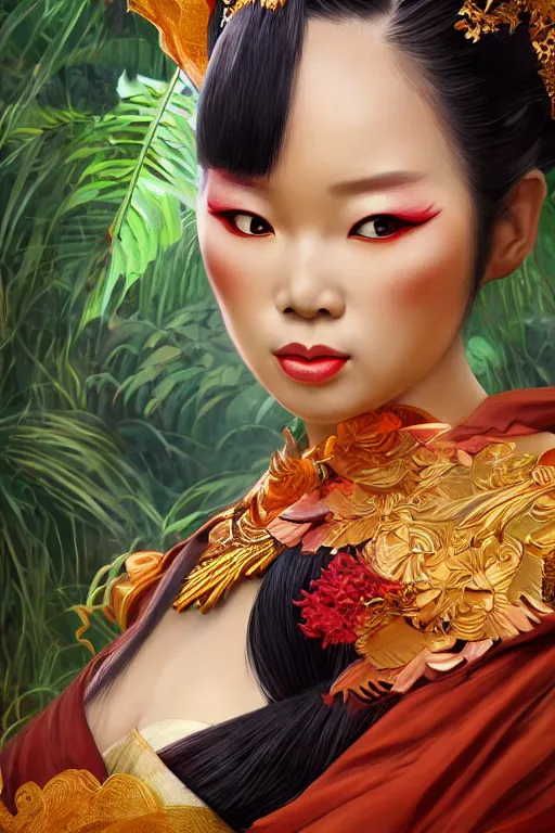 Image similar to stunningly beautiful, indonesian geisha dancer in jungle, symmetrical face, golden hour, smooth, focus, highly detailed, hyper realistic, dramatic lighting, elegant, intricate, concept art, art by wlop, mars ravelo, greg rutowski, artstation