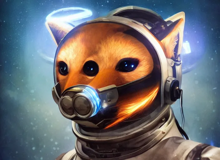 Prompt: An anthropomorphic fox as a retrofuturistic astronaut, helmet with led lights, underwater in the ocean at night, clear water, volumetric lighting, glowing lights, 4k, octane, digital painting, artstation, concept art, cinematic film, sharp focus, illustration, art by artgerm and greg rutkowski and alphonse mucha , wide angle view,