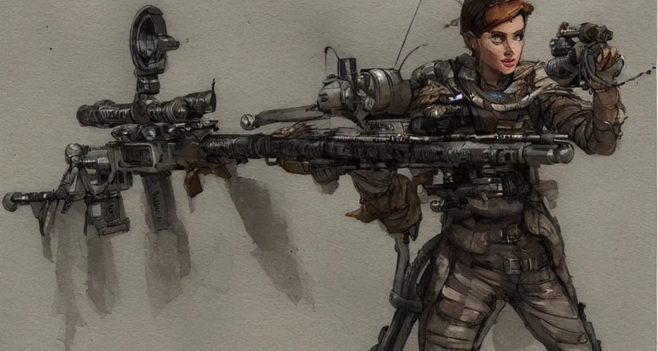 Image similar to concept art of a sniper rifle in futuristic, fantasy, steampunk, pinterest, artstation trending, behance, watercolor, by coby whitmore, silver, laser light,