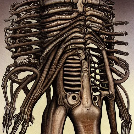 Image similar to detailed art by H.R. Giger for a tank made of human flesh in a body horror style