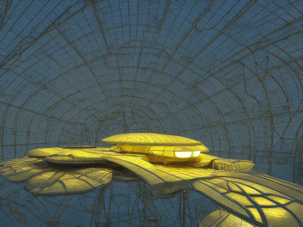 Prompt: Large Spaceship in style of an Art Nouveau Greenhouse in Space; yellow lights; by Beeple; very detailed, 3D Rendered matte painting, fresnel effect, subsurface scattering, DSLR, trending on Artstation Unreal Engine VRa