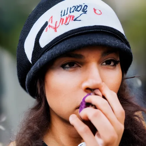 Image similar to Photograph of a mixed woman smoking, wearing a black beanie and black bomber jacket, urban environment, depth of field, 4k, 8k, hd, award-winning, sigma 85mm f/1.4, close up