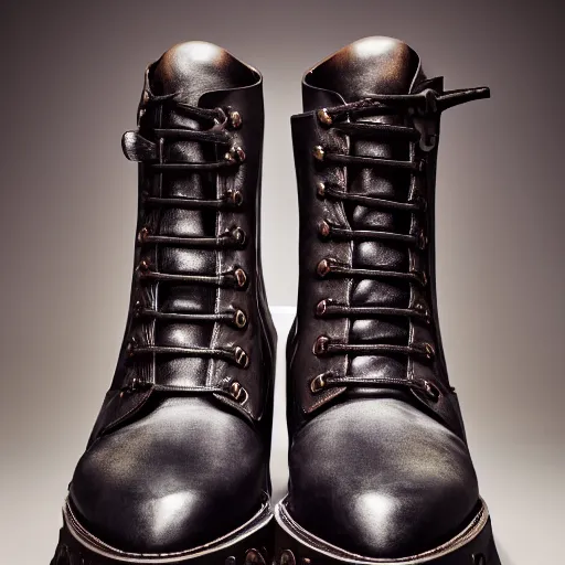 Image similar to an editorial photo of menswear medieval designer combat leather boots designed by alexander mcqueen, 4 k, studio lighting, wide angle lens