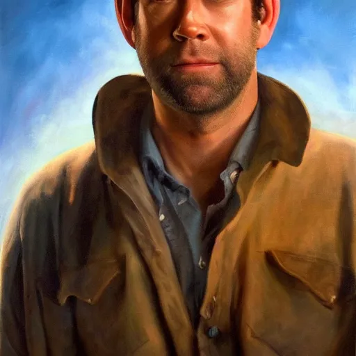 Image similar to ultra realistic portrait painting of john krasinski as farmer, art by frank frazetta, 4 k, ultra realistic, highly detailed, epic lighting