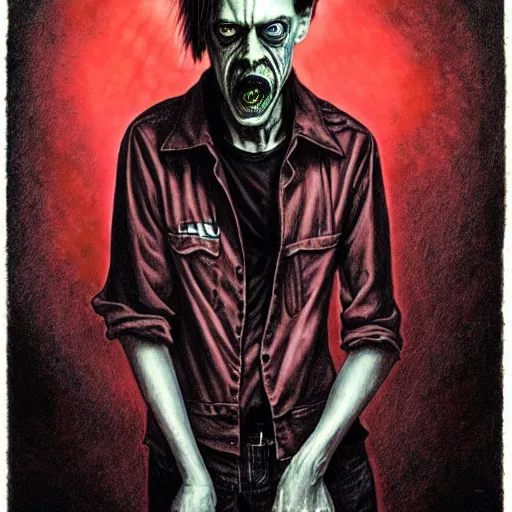 Image similar to disturbing grunge still of a lovecraftian demon infested steve buscemi, crayon horror art in dark and muted colors, by arthur adams, by tom bagshaw, by mike allred, by kikuchi hideyuki