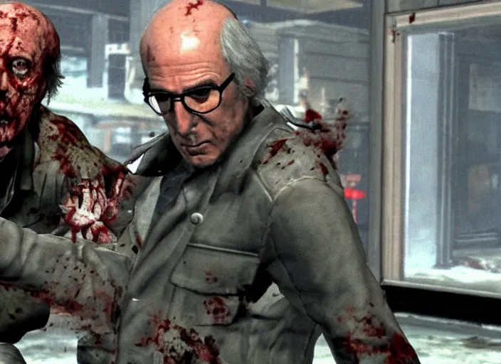 Image similar to video game still of larry david as leon fighting off a zombie in the video game resident evil 2,