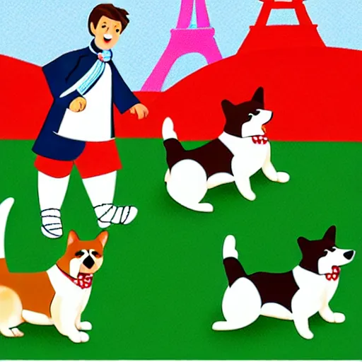 Image similar to illustration of french boy in paris playing football against a corgi, the corgi is wearing a polka dot scarf