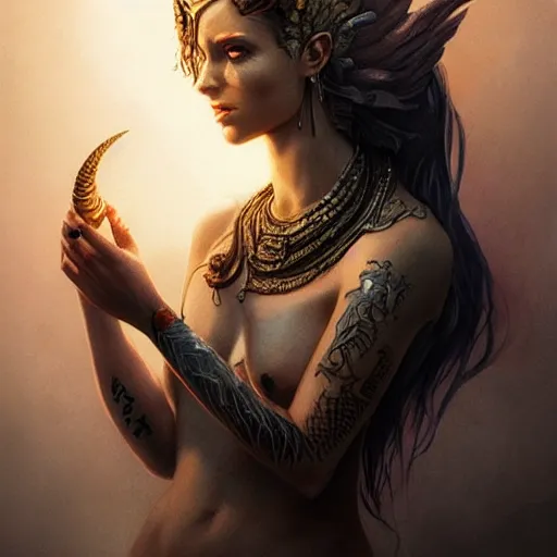 Image similar to goddess portrait, tattoo, unicorn, phoenix head, intricate artwork Tooth Wu, Greg Rutkowski, RPG, dynamic lighting, fantasy art, high contrast, depth of field, high detail, smooth gradients