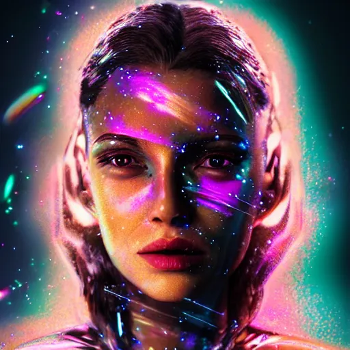 Image similar to woman portrait made out of galaxies, beautiful, cyborg, cinematic comic book art, realistic, highly detailed, octane render