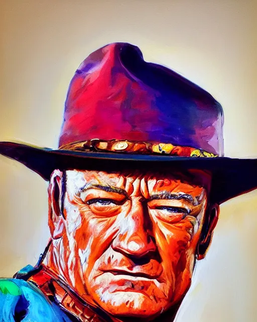 Image similar to a head and shoulder portrait of John Wayne painted in the colorful and expressive style of Kotwdq, trending on Artstation 8k photorealistic