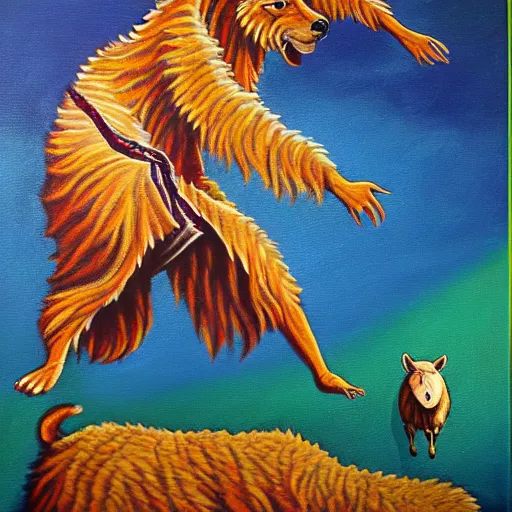 Prompt: an anthromorphic wolf jedi using the force to levitate a sheep, by amanda clark in a psychedelic style, oil on canvas