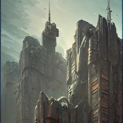 Image similar to intimidating towering brutalist fortress, highly detailed, digital painting, artstation, concept art, smooth, sharp focus, illustration, art by artgerm and greg rutkowski and alphonse mucha