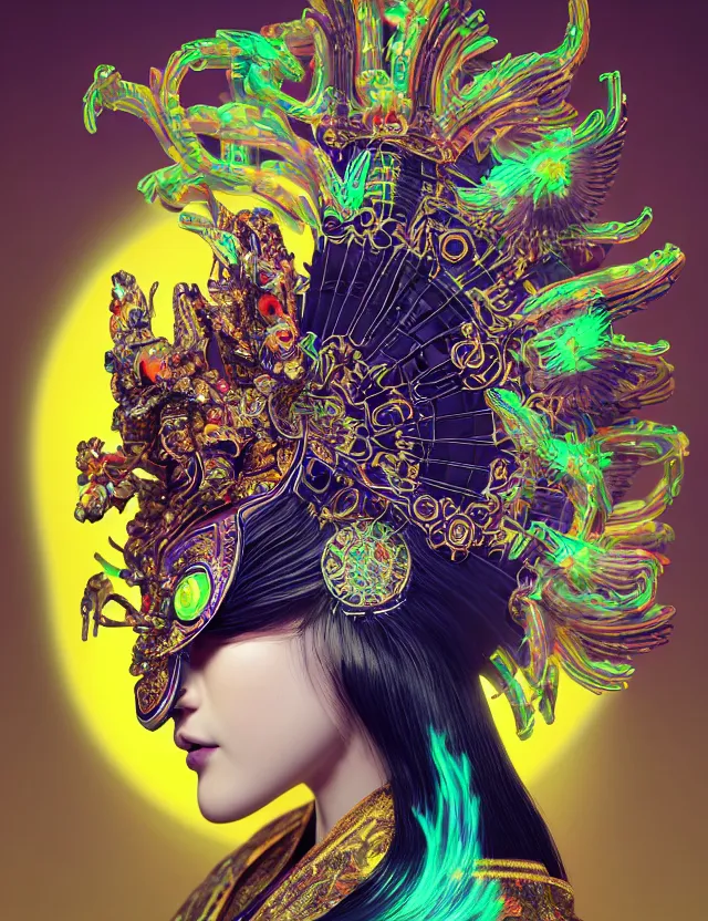 Image similar to 3 d goddess close - up profile portrait with crown, ram skull. beautiful intricately detailed neon japanese crow kitsune mask and clasical japanese kimono. betta fish, jellyfish phoenix, bio luminescent, plasma, ice, water, wind, creature, artwork by tooth wu and wlop and beeple and greg rutkowski