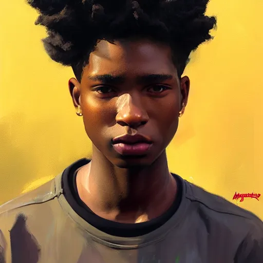 Image similar to Greg Manchess portrait painting of an afropunk male teenager 16 years old character, medium shot, athletic, asymmetrical, profile picture, Organic Painting, rainy and dramatic street light, matte painting, bold shapes, hard edges, street art, trending on artstation, by Huang Guangjian and Gil Elvgren and Sachin Teng