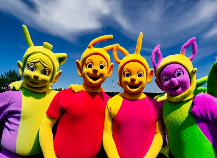 Image similar to photo still the teletubbies on stage at the vans warped tour!!!!!!!! at age 3 6 years old 3 6 years of age!!!!!!!! playing weird instruments, 8 k, 8 5 mm f 1. 8, studio lighting, rim light, right side key light