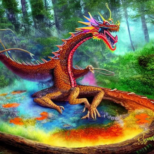 Prompt: highly detailed photograph of a dragon in a colorful hotspring with forest backdrop, featured on artstation