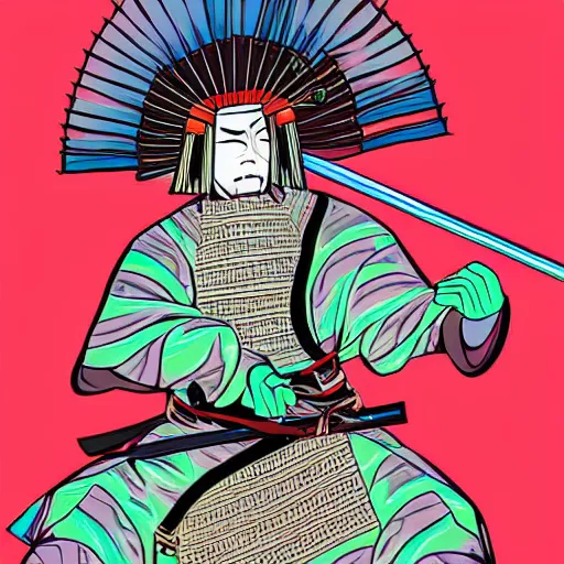 Image similar to highly stylized samurai holding a katana,striking colors,digital art