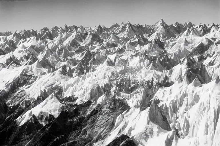 Image similar to tall mountains covered in snow and glaciers, photo from airplane by Ansel Adams,