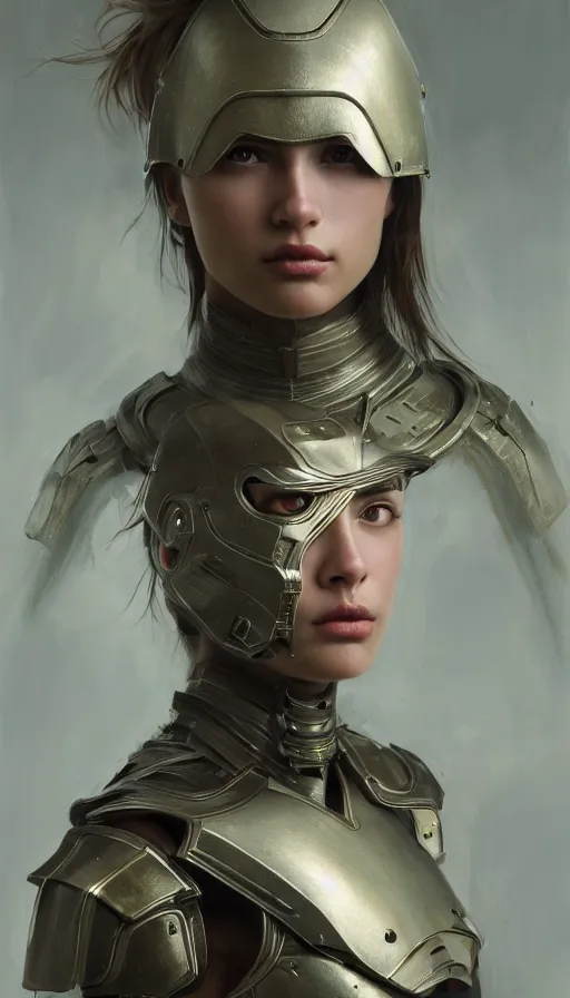 Image similar to a photorealistic painting of an attractive young girl, partially clothed in metal-plated battle armor, olive skin, long dark hair, beautiful bone structure, symmetrical face, perfect eyes, intricate, elegant, digital painting, concept art, illustration, sharp focus, minimal artifacts, volumetric lighting, from Metal Gear, in the style of Ruan Jia and Mandy Jurgens and Greg Rutkowski, trending on Artstation, award winning