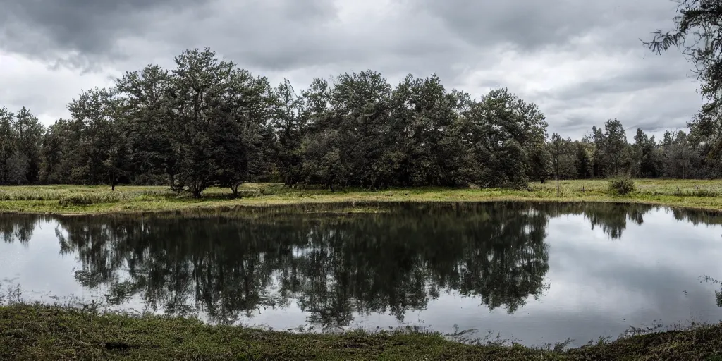 Image similar to photo field with small Lake with black dark water in center reality