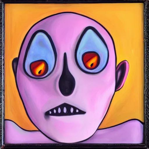 Image similar to a creepy mannequin in the style of Courage the Cowardly Dog, oil on canvas,