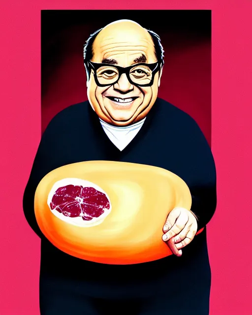 Image similar to painting portrait of danny devito as a ham, cartoon, warm lighting, danny devito has a ham body, danny devito's face on a ham. movie poster, illustration by bartek fedyczak, erak note, tooth wu, neil richards, kan liu, siwoo kim, jisu choe, trending on art station