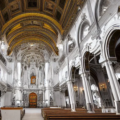 Prompt: white and silver interior of a majestic basilica in ornate Rocco style, high definition, award winning
