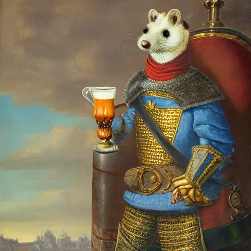 Prompt: detailed painting of a regal ferret dressed in knight armor staring ahead, holding a mug of ale, castle interior