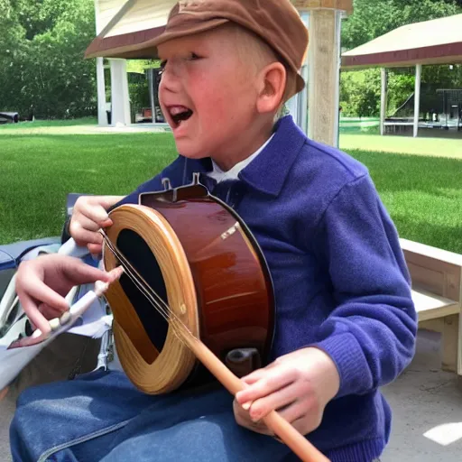 Prompt: deliverance kid playing banjo at a nursing home